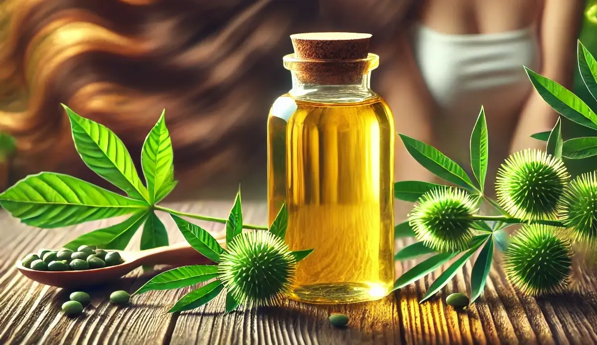 Illustration of castor oil bottle against a smooth gradient background, symbolizing natural hair care benefits for healthy growth, shine, and scalp health