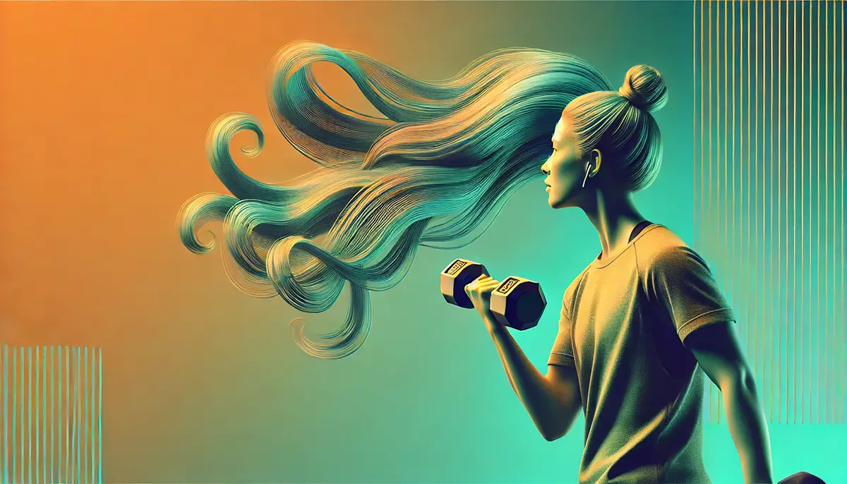 Illustration of essential gym hair care routine items like shampoo and protective products designed to maintain healthy hair for gym enthusiasts